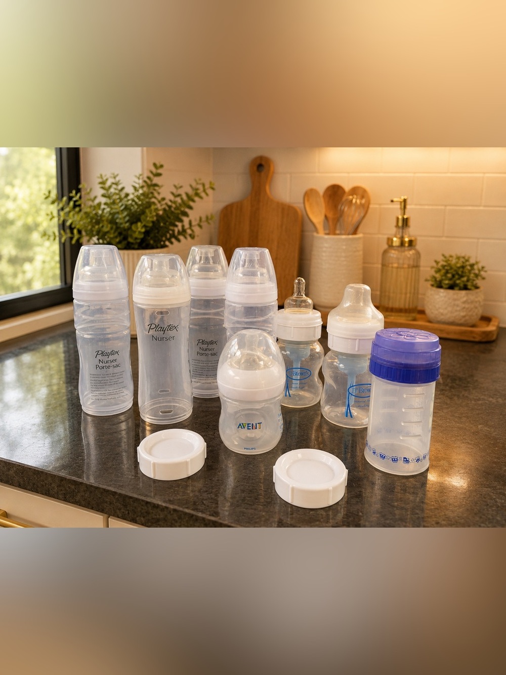Assorted Baby Bottles - Playtex, Avent, Dr. Brown's - Clear & White